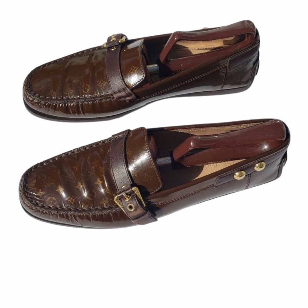 Louis Vuitton Mini Lin Monogram Patent Loafers Brown EU 41 Designer Buckle Shoes - Picture 2 of 16